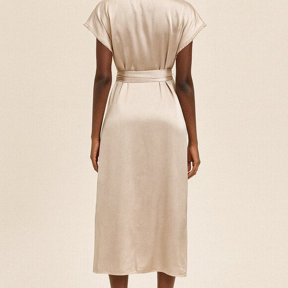 Champagne Hem & Thread V-Neck Satin Wrap Midi Dress - NWT - Picture 2 of 8
